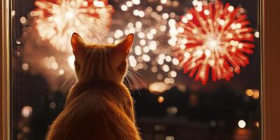 A curious cat sits comfortably by the window, its eyes wide with wonder as it gazes at the vibrant and colorful fireworks that illuminate the night sky, creating a breathtaking spectacle of lights photo