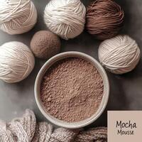 Experience the luxury of Mocha Mousse, enhanced by a moodboard of exquisite paint colors, rich cocoa tones, and textured fabrics that inspire creativity and offer ultimate comfort photo
