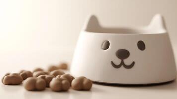 This delightful and charming catshaped food bowl, which is adorned and surrounded by scattered dry dog biscuits, significantly enhances a pets overall mealtime experience and enjoyment photo
