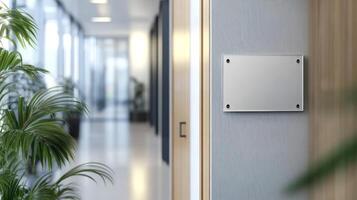 This is a 3D render of a name plate design mockup that is displayed on a door located in an office hallway. The interior is modern, featuring plants and a sleek and stylish design throughout photo