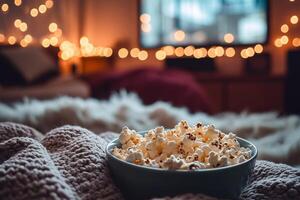 Imagine a cozy living room ready for a movie night, with buttery popcorn, fluffy blankets, and twinkling fairy lights creating a warm atmosphere for relaxation and enjoyment with loved ones photo