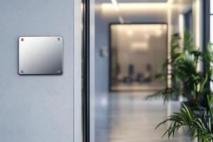 A sleek and modern name plate mockup is prominently displayed on an office door, showcasing unique contemporary design elements that complement the vibrant and dynamic office interior photo