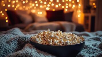 Imagine a cozy living room ideal for movie nights, filled with the scent of popcorn, soft blankets, and twinkling fairy lights, creating a warm atmosphere that makes everyone feel relaxed photo