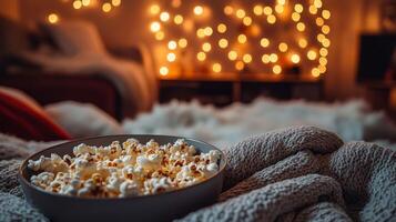 Imagine a cozy living room with a bowl of buttery popcorn, warm blankets on the furniture, and twinkling lights creating a magical atmosphere for a delightful movie night with loved ones photo