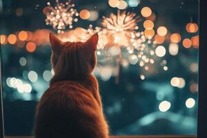 A graceful and adorable cat comfortably relaxes by the window, intently watching the colorful fireworks burst in the starry night sky, creating a truly enchanting atmosphere that brings immense joy photo