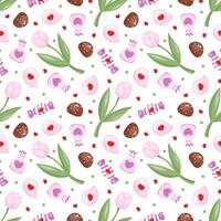 Seamless pattern with tulip, candies, speech balloon, and heart shape. Colorful cute hand drawn background. Valentine's Day pattern. Ideal for clothes, textiles, packaging, web backgrounds vector