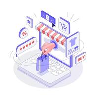 Isometric Computer screen with shopping interface. Hand comes out of the Screen and holds the Purchase. Concept of product Delivery vector