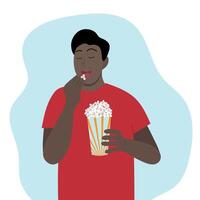 Young african american guy eating popcorn with closed eyes from pleasure, faceless illustration, flat style, isolate on white vector