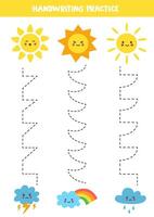 Tracing lines for kids. Cartoon cute suns and clouds. Handwriting practice. vector