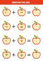 Addition for kids with red apples and apple seeds. Math game. vector