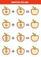 Addition for kids with red apples and apple seeds. Math game. vector
