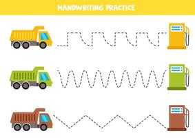 Tracing lines for kids. Cartoon colorful trucks and gas stations. Handwriting practice. vector