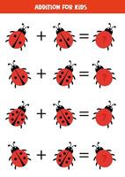 Addition for kids with red ladybugs. Math game. vector