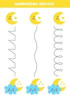 Tracing lines for kids. Cartoon cute suns and clouds. Handwriting practice. vector