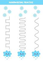 Tracing lines for kids. Cartoon cute clouds and snowflakes. Handwriting practice. vector