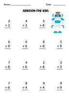 Addition with cute toy robot. Educational math game for kids. vector