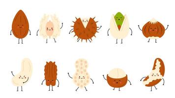 Cute set of happy nuts. Cartoon nuts isolated on white background. vector