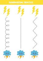 Tracing lines for kids. Cartoon stormy cloud and lightnings. Handwriting practice. vector