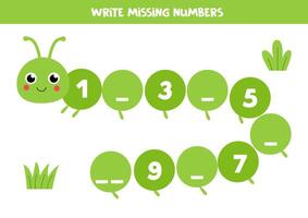Count and write missing numbers. Counting game with cute green caterpillar. vector