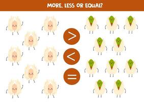 More, less, equal with cartoon nuts. Walnuts and pistachios. vector