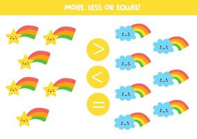 More, less, equal with cartoon rainbow star and cloud. Colorful worksheet. vector