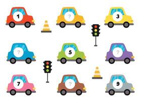 Count and write missing numbers. Counting game with cars. vector