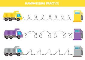 Tracing lines for kids. Cartoon colorful trucks and gas stations. Handwriting practice. vector