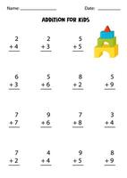 Addition with cute toy pyramid. Educational math game for kids. vector