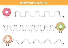 Tracing lines for kids. Cute cartoon kawaii donuts. Handwriting practice for children. vector