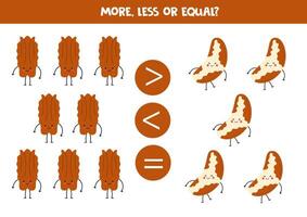 More, less, equal with cartoon nuts. Pecans and Brazilian nuts. vector