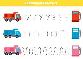 Tracing lines for kids. Cartoon colorful trucks and gas stations. Handwriting practice. vector