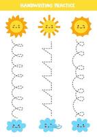 Tracing lines for kids. Cartoon cute suns and clouds. Handwriting practice. vector