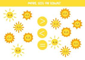 More, less, equal with cartoon suns. Colorful worksheet. vector