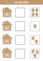 Cut and paste cartoon gingerbread cookies according to the numbers on gingerbread houses. Math game for kids. vector