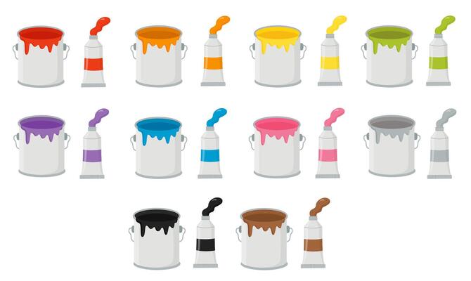 illustration of cartoon paint cans and paint tubes.