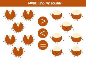More, less, equal with cartoon nuts. Chestnuts and macadamia nuts. vector