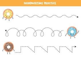 Tracing lines for kids. Cute cartoon kawaii donuts. Handwriting practice for children. vector