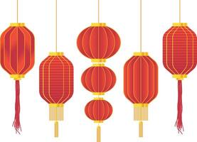 Collection of Octagonal and Circle Red Chinese Lantern with Gold and Red Rope vector