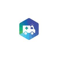 Illustration of a triangle blue and green pattern arranged hexagon pattern with an ambulance icon on white background. vector
