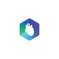 Heart human organ inside triangle green and blue pattern shaped arranged hexagon background. futuristic with medical icon. Medical technology innovation health care. science ads website banner vector