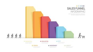 Infographic 6 label step Sales funnel diagram template for business, digital marketing data, presentation infographics. vector