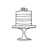 cake decorated with two hearts on cake stand line art doodle style vector