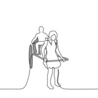 woman harnessed to a cart instead of a horse, a man sits in the cart - one line art . concept slavery, labor exploitation, abuse vector