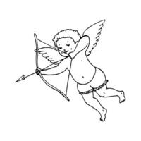 cute chubby boy cupid with dimples aiming an arrow with a heart-shaped tip - line art doodle style vector
