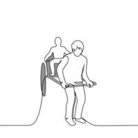man harnessed to a cart instead of a horse, a man sits in the cart - one line art . concept paradise, labor exploitation, abuse vector