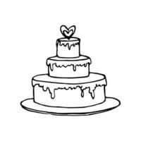three tiered cake covered in icing with a heart on top - line art doodle style vector