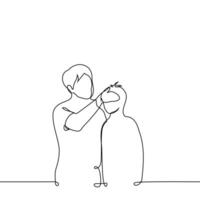 adult man puts the inside of his palm on the boy's forehead, he checks the child's temperature - one line art vector