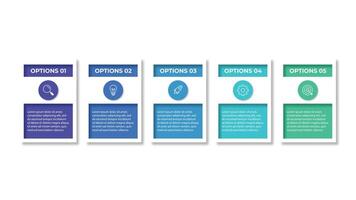 Five square paper white elements with colorful circles placed in horizontal row. Concept of 5 successive steps to business project success. Modern infographic design template. Illustration vector