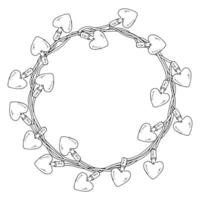 Heart shaped light garland in a round frame. Perfect for romantic cards or holiday decorations. Hand drawn outline with blank space for text, adding charm to Valentine Day designs vector