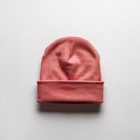 Stylish pink knit beanie laid flat on a minimalist backdrop, accentuating its texture. photo